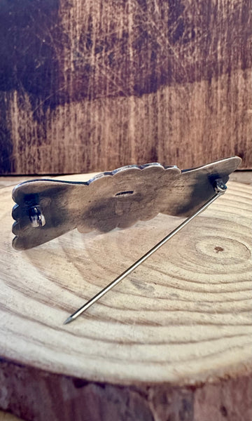 SAND CAST Vintage 70s Sterling Silver & Green Turquoise Brooch