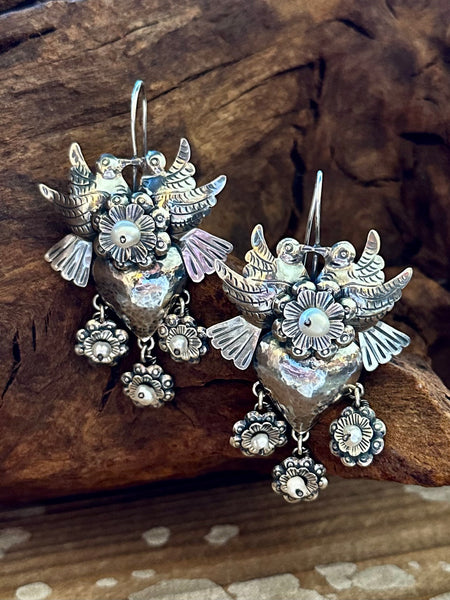 PEARL LOVEBIRDS Mexican Sterling Silver Heart Dangle Earrings