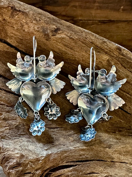 PEARL LOVEBIRDS Mexican Sterling Silver Heart Dangle Earrings