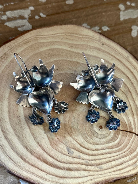 PEARL LOVEBIRDS Mexican Sterling Silver Heart Dangle Earrings