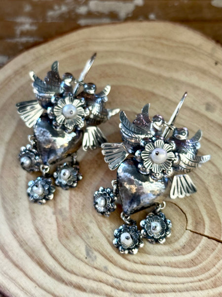 PEARL LOVEBIRDS Mexican Sterling Silver Heart Dangle Earrings