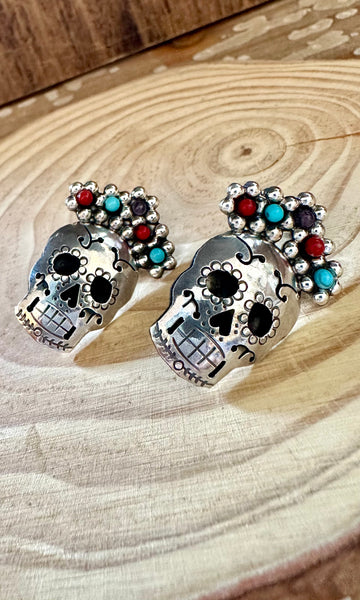 MEXICAN CALAVERAS Turquoise Coral Amethyst Beads & Sterling Silver Stud Earrings