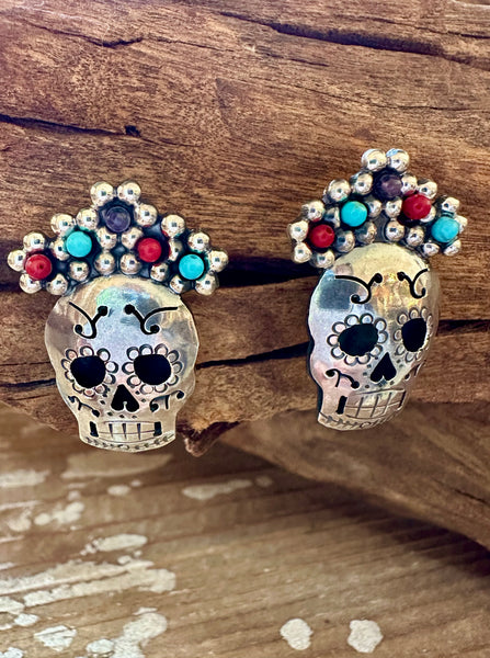MEXICAN CALAVERAS Turquoise Coral Amethyst Beads & Sterling Silver Stud Earrings