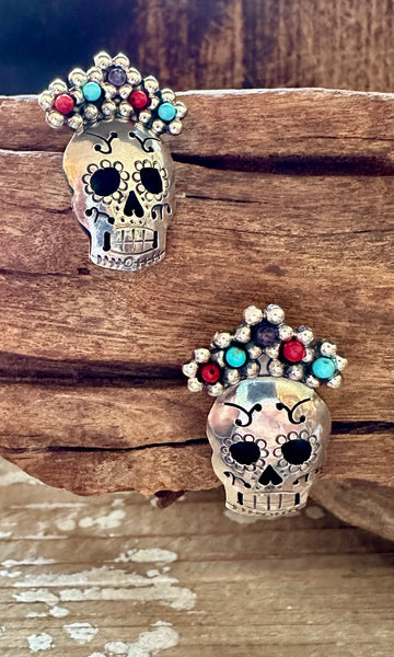 MEXICAN CALAVERAS Turquoise Coral Amethyst Beads & Sterling Silver Stud Earrings