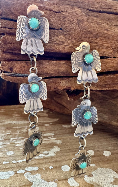 TRIPLE THUNDERBIRD Yazzie Sterling Silver and Turquoise Statement Earrings