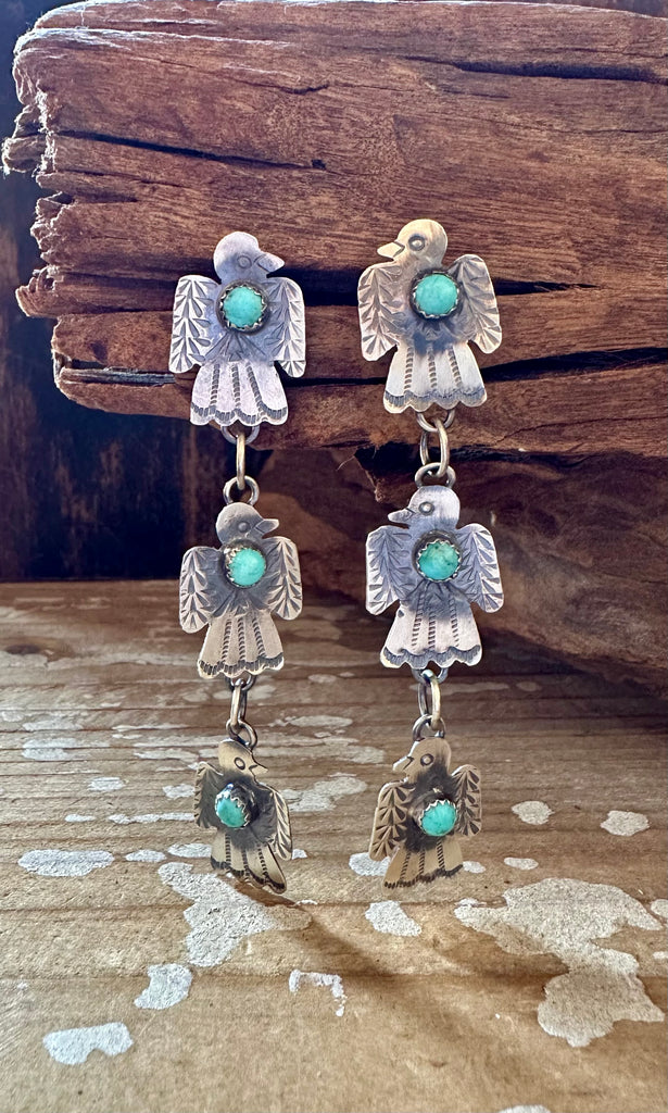 TRIPLE THUNDERBIRD Yazzie Sterling Silver and Turquoise Statement Earrings