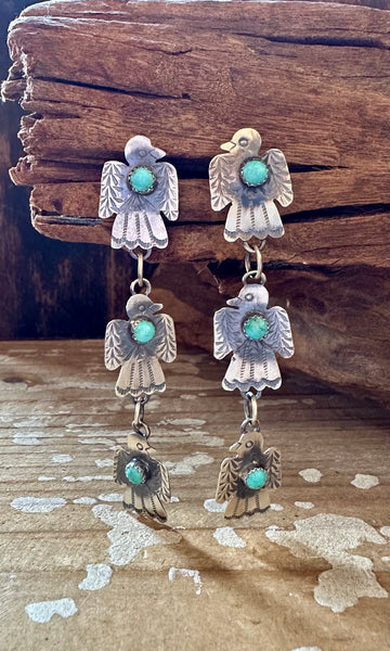 TRIPLE THUNDERBIRD Yazzie Sterling Silver and Turquoise Statement Earrings