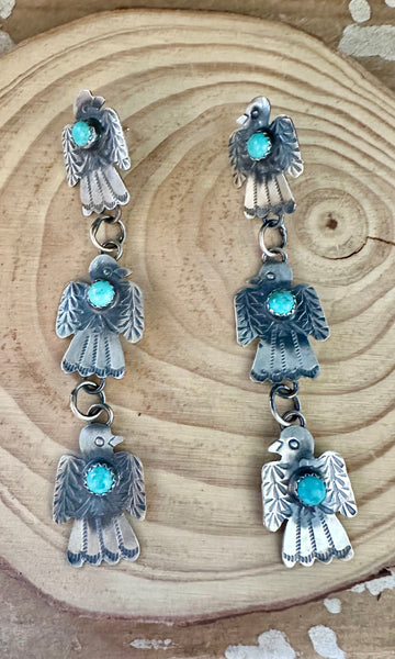 TRIPLE THUNDERBIRD Yazzie Sterling Silver and Turquoise Statement Earrings