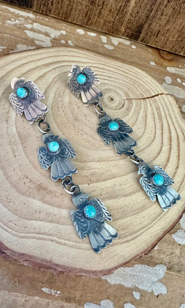 TRIPLE THUNDERBIRD Yazzie Sterling Silver and Turquoise Statement Earrings