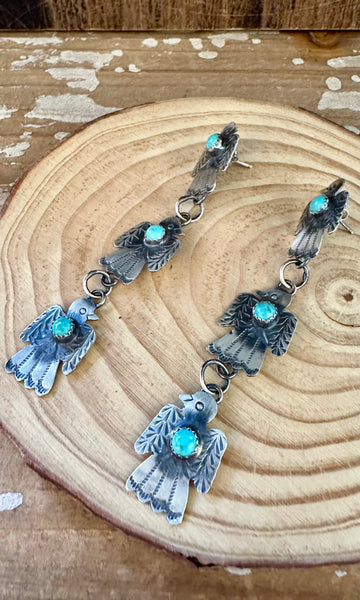 TRIPLE THUNDERBIRD Yazzie Sterling Silver and Turquoise Statement Earrings