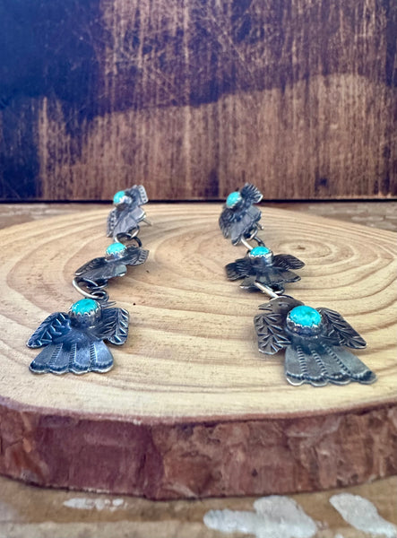 TRIPLE THUNDERBIRD Yazzie Sterling Silver and Turquoise Statement Earrings