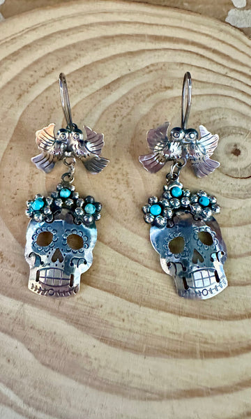 MEXICAN LOVEBIRD CALAVERA Turquoise & Sterling Silver Earrings