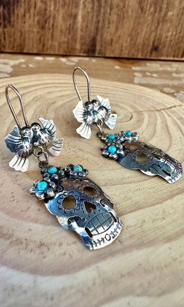 MEXICAN LOVEBIRD CALAVERA Turquoise & Sterling Silver Earrings
