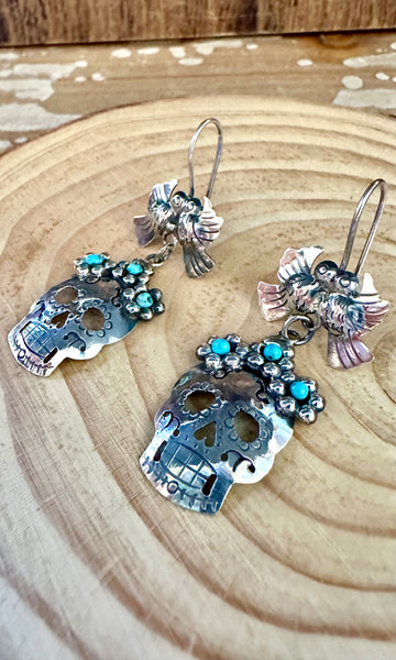 MEXICAN LOVEBIRD CALAVERA Turquoise & Sterling Silver Earrings