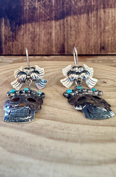 MEXICAN LOVEBIRD CALAVERA Turquoise & Sterling Silver Earrings