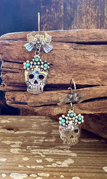 MEXICAN LOVEBIRD CALAVERA Turquoise & Sterling Silver Earrings