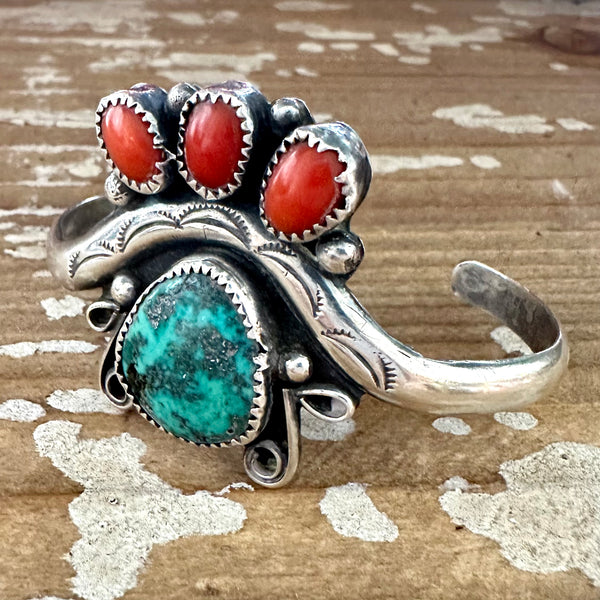 ROYAL CROWN 70s Sterling Silver Coral Turquoise Cuff • 24g
