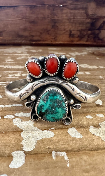 ROYAL CROWN 70s Sterling Silver Coral Turquoise Cuff • 24g