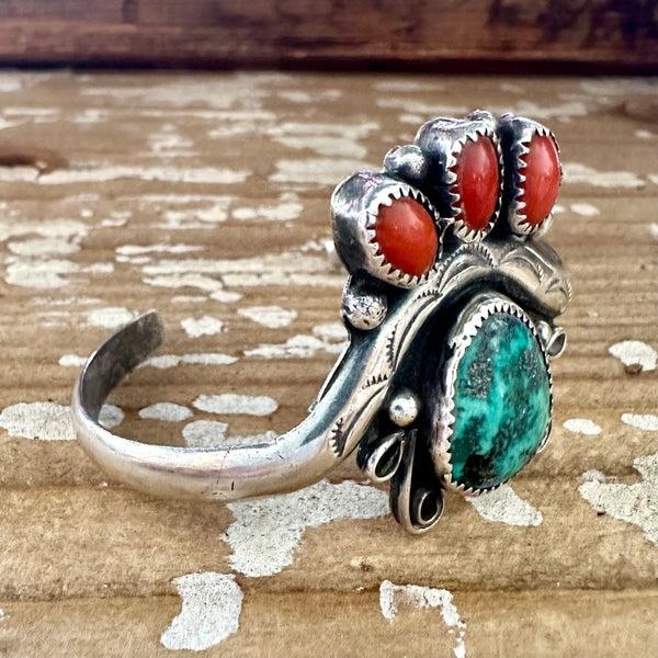 ROYAL CROWN 70s Sterling Silver Coral Turquoise Cuff • 24g