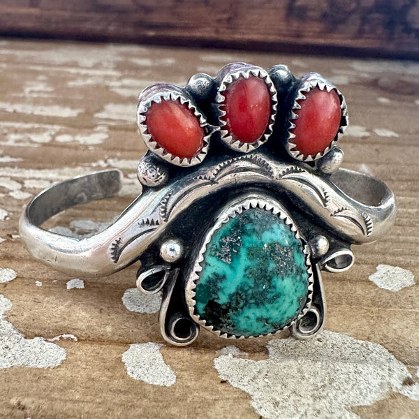 ROYAL CROWN 70s Sterling Silver Coral Turquoise Cuff • 24g
