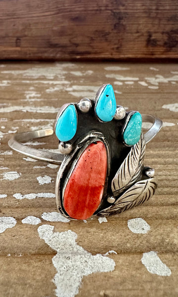 SUMMER BREEZE 70s Sterling Silver Spiny Oyster Turquoise Cuff • 26g