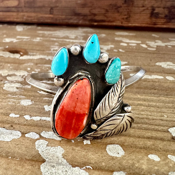 SUMMER BREEZE 70s Sterling Silver Spiny Oyster Turquoise Cuff • 26g