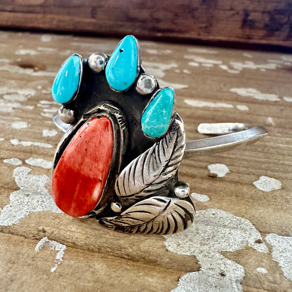 SUMMER BREEZE 70s Sterling Silver Spiny Oyster Turquoise Cuff • 26g