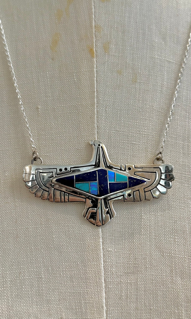 THUNDERBIRD INLAY Whitehorse Inlay Handmade Sterling Silver & Multi-Stone Inlay Necklace Pendant
