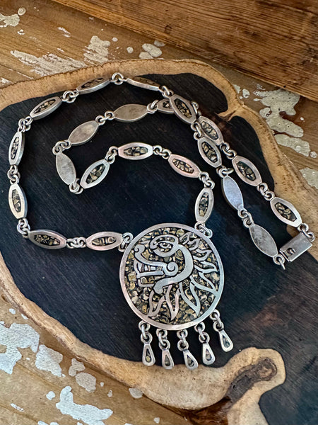 MEXICAN MEDALLION Handmade Sterling Silver & Inlayed Jasper Stone Necklace Pendant • 134g