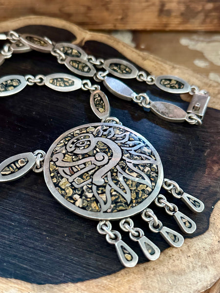 MEXICAN MEDALLION Handmade Sterling Silver & Inlayed Jasper Stone Necklace Pendant • 134g