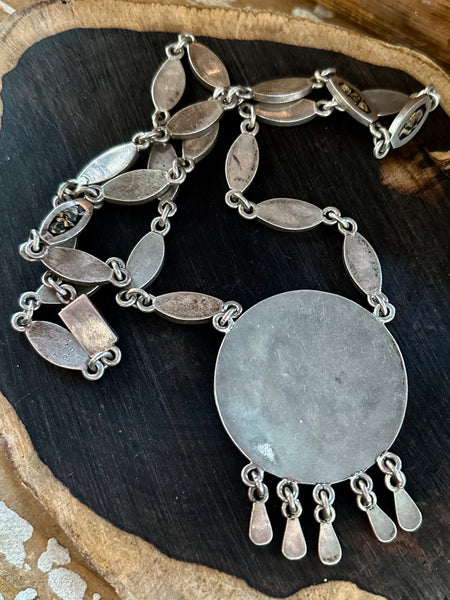 MEXICAN MEDALLION Handmade Sterling Silver & Inlayed Jasper Stone Necklace Pendant • 134g