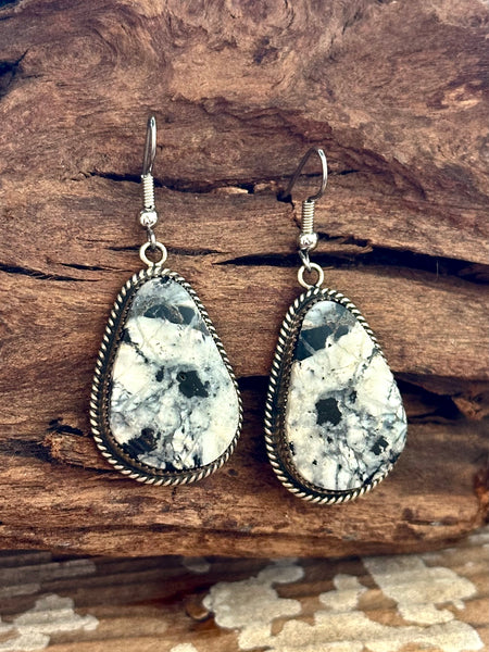 BUFFALO DANCER Navajo Sterling Silver & White Buffalo Drop Earrings