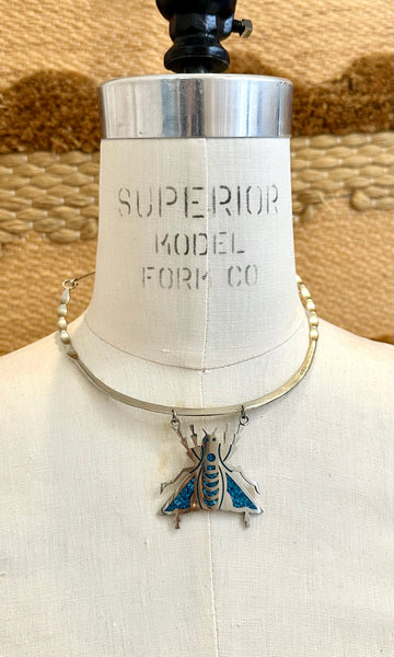 ALPACA SILVER Mexican Handmade Copper Alloy & Turquoise Inlay Cicada Bug Necklace