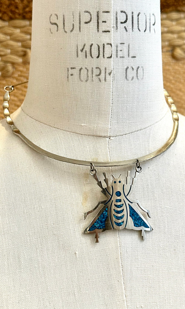 ALPACA SILVER Mexican Handmade Copper Alloy & Turquoise Inlay Cicada Bug Necklace