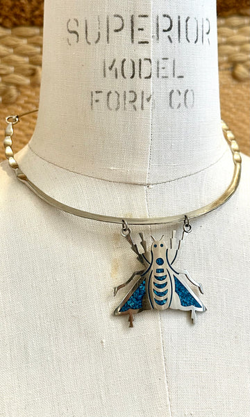 ALPACA SILVER Mexican Handmade Copper Alloy & Turquoise Inlay Cicada Bug Necklace