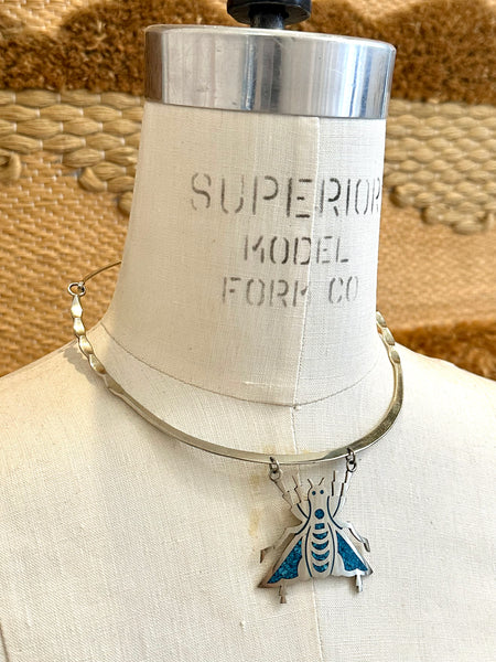 ALPACA SILVER Mexican Handmade Copper Alloy & Turquoise Inlay Cicada Bug Necklace