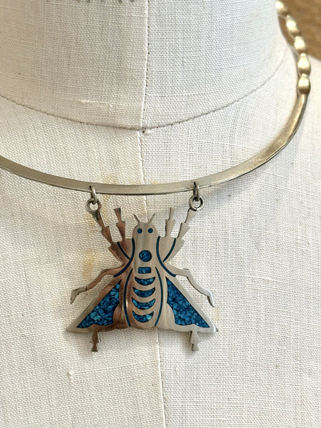 ALPACA SILVER Mexican Handmade Copper Alloy & Turquoise Inlay Cicada Bug Necklace