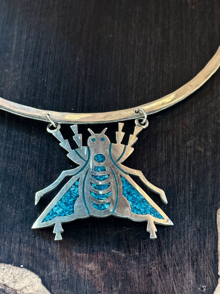 ALPACA SILVER Mexican Handmade Copper Alloy & Turquoise Inlay Cicada Bug Necklace