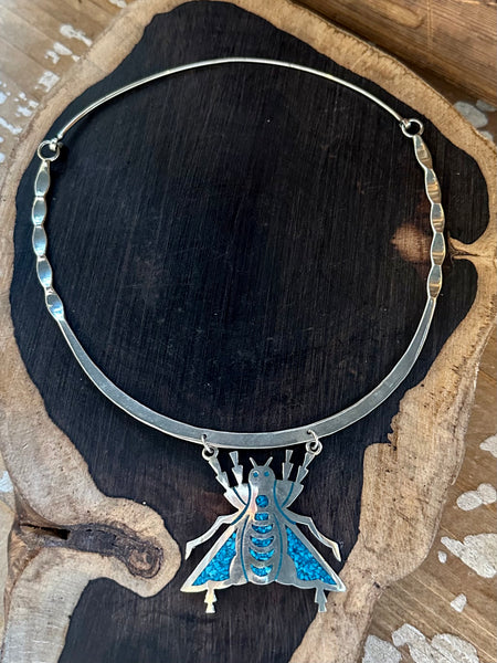 ALPACA SILVER Mexican Handmade Copper Alloy & Turquoise Inlay Cicada Bug Necklace