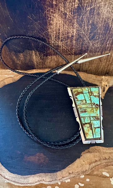 STEVE FRANCISCO Navajo Turquoise Mosaic Bolo Tie w/ Leather Cord