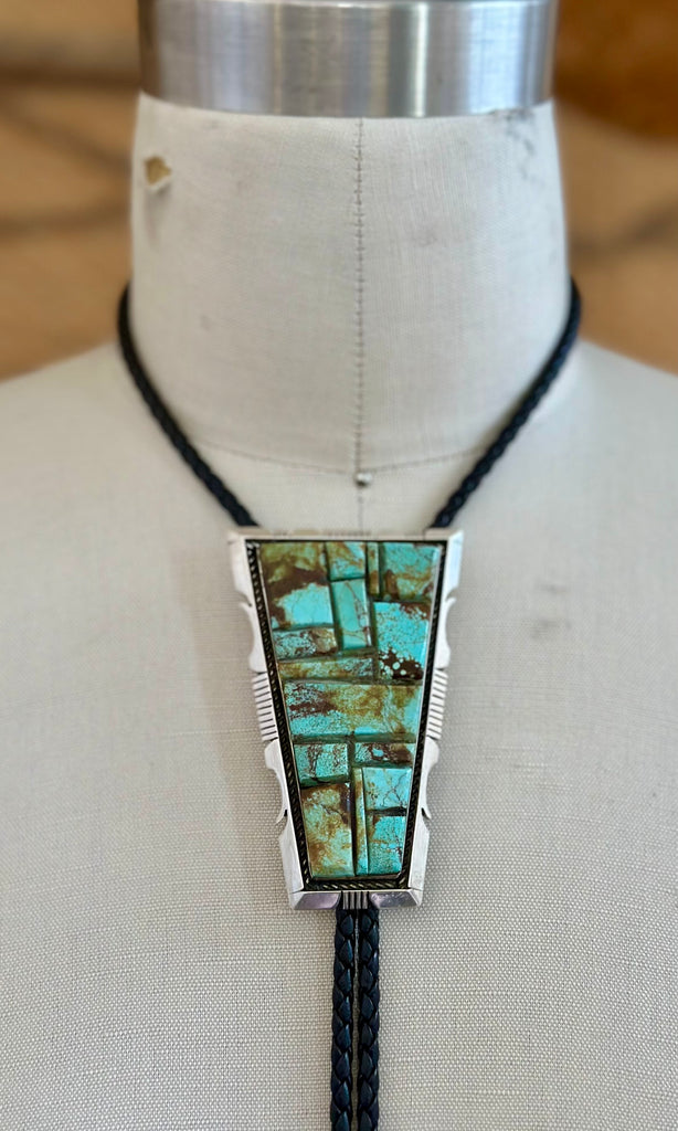 STEVE FRANCISCO Navajo Turquoise Mosaic Bolo Tie w/ Leather Cord