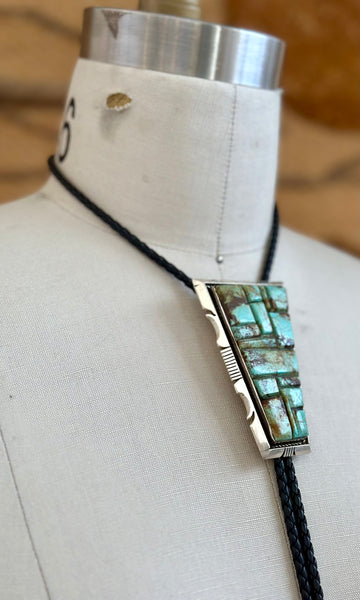 STEVE FRANCISCO Navajo Turquoise Mosaic Bolo Tie w/ Leather Cord