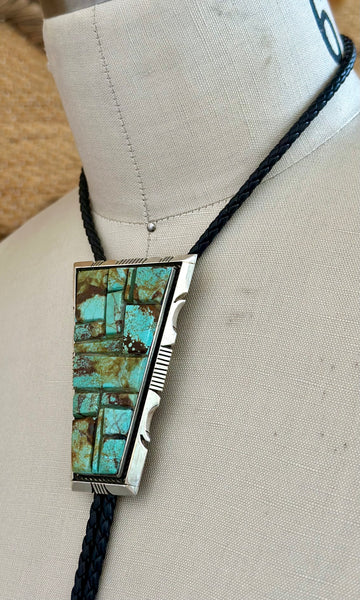 STEVE FRANCISCO Navajo Turquoise Mosaic Bolo Tie w/ Leather Cord
