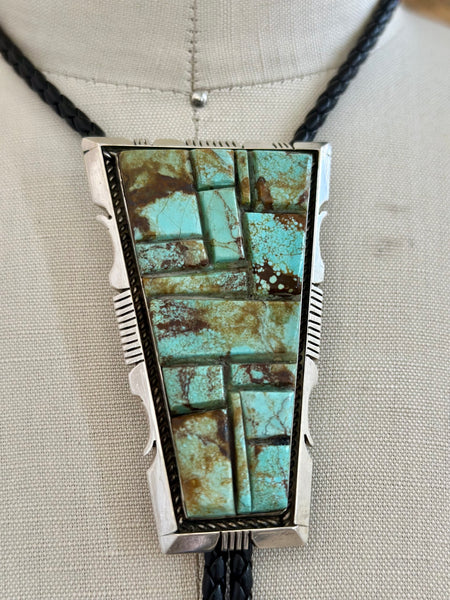 STEVE FRANCISCO Navajo Turquoise Mosaic Bolo Tie w/ Leather Cord