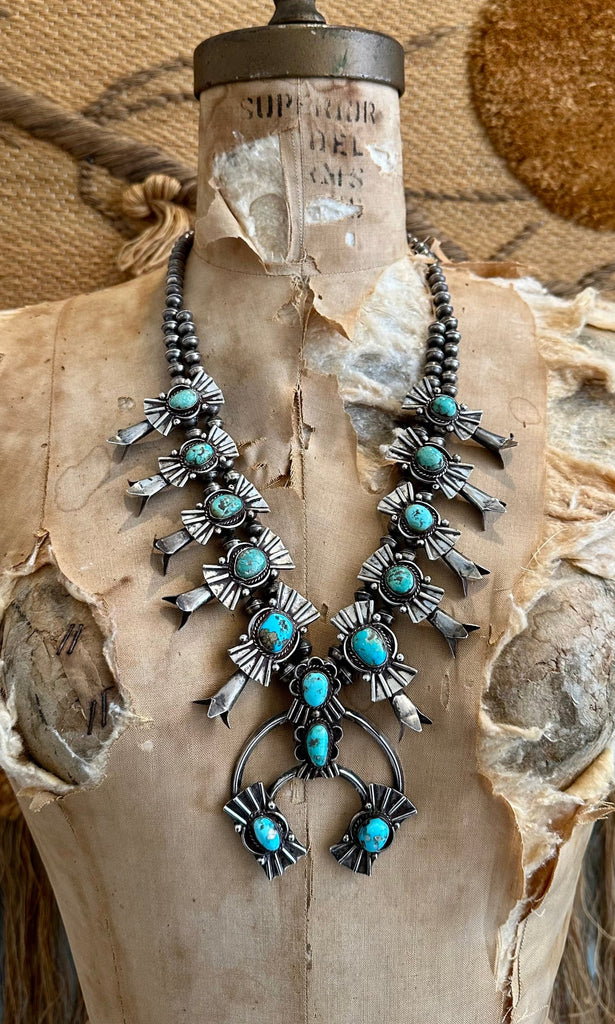 SQUASH BLOSSOM Large Turquoise & Sterling Silver Vintage Necklace