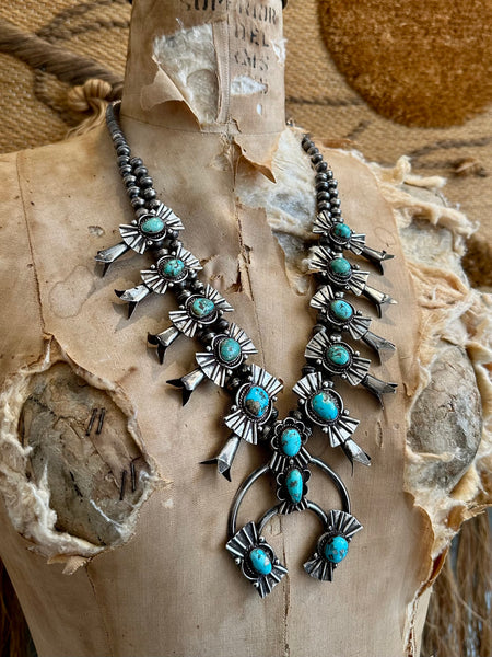 SQUASH BLOSSOM Large Turquoise & Sterling Silver Vintage Necklace