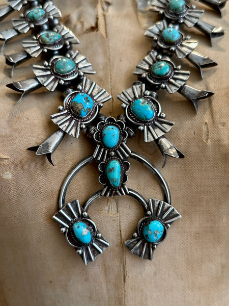 SQUASH BLOSSOM Large Turquoise & Sterling Silver Vintage Necklace