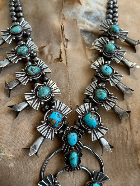 SQUASH BLOSSOM Large Turquoise & Sterling Silver Vintage Necklace