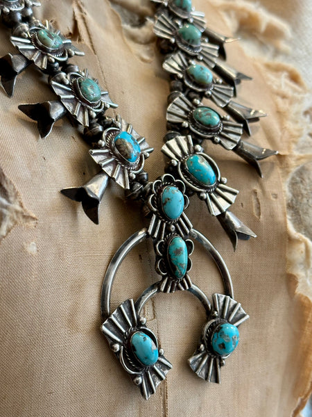 SQUASH BLOSSOM Large Turquoise & Sterling Silver Vintage Necklace
