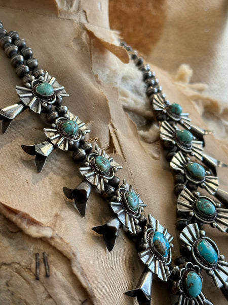 SQUASH BLOSSOM Large Turquoise & Sterling Silver Vintage Necklace